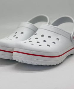 Крокси жіночі білі з червоной полосою PROGRESS , кроксы белые женские