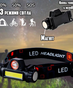 Ліхтар налобний акумуляторний, USB заряджання, фонарик налобный